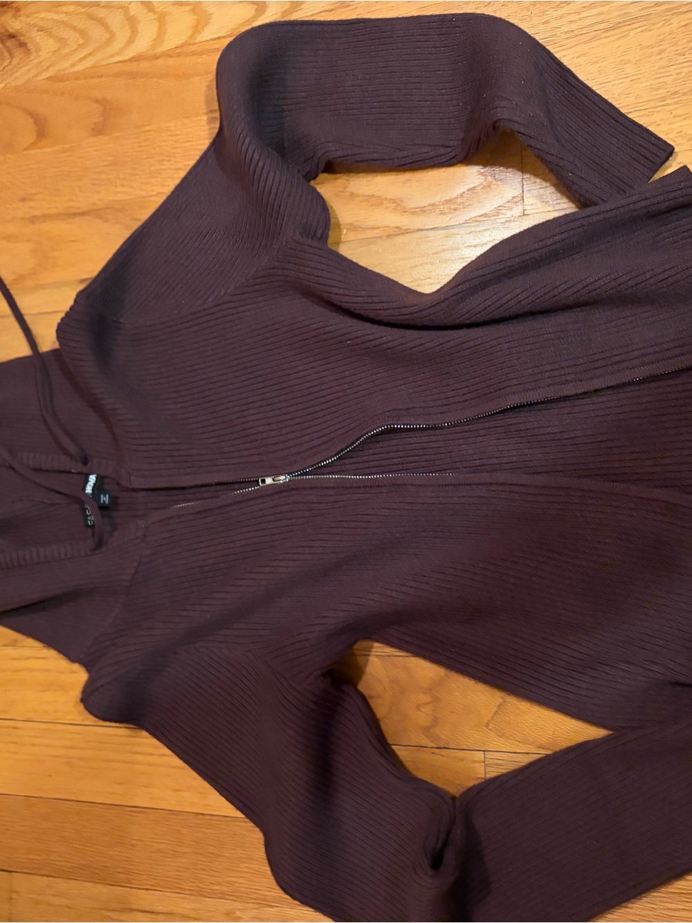 Fashion Nova Ribbed Zip-Up Hoodie in Brown